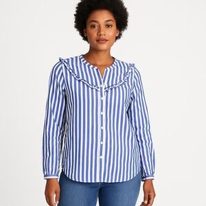 OLD NAVY Blue White Stripe Ruffle Button Blouse Small